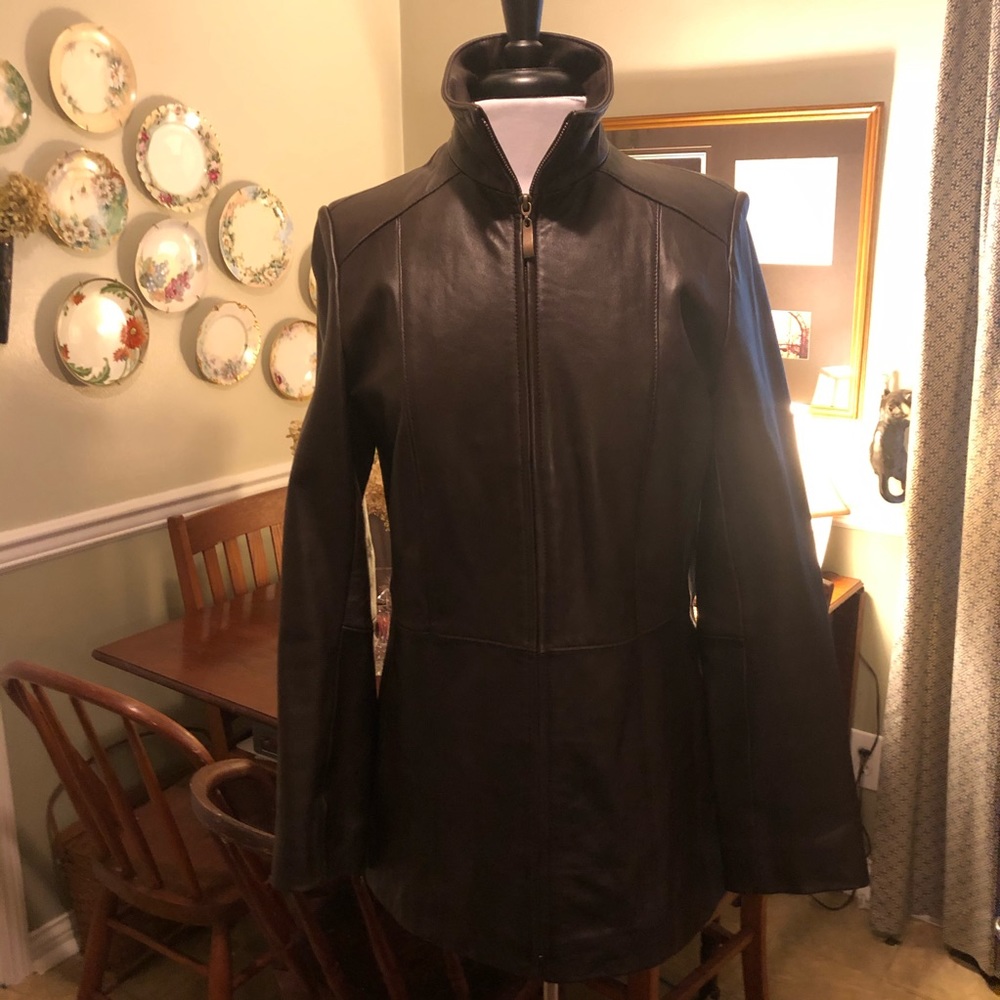 Lamb skin high quality dark brown soft leather - collared - zip front jacket - S - Picture 4 of 9